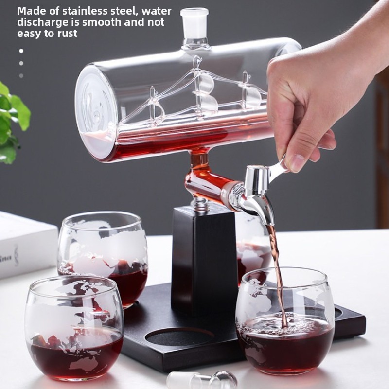 Decanter Aerator Set - 強化ガラスワインデカンタ家庭用エアレータータップ付きクリエイティブホーム高透明ガラスセット防錆ワイン樽オフィス用