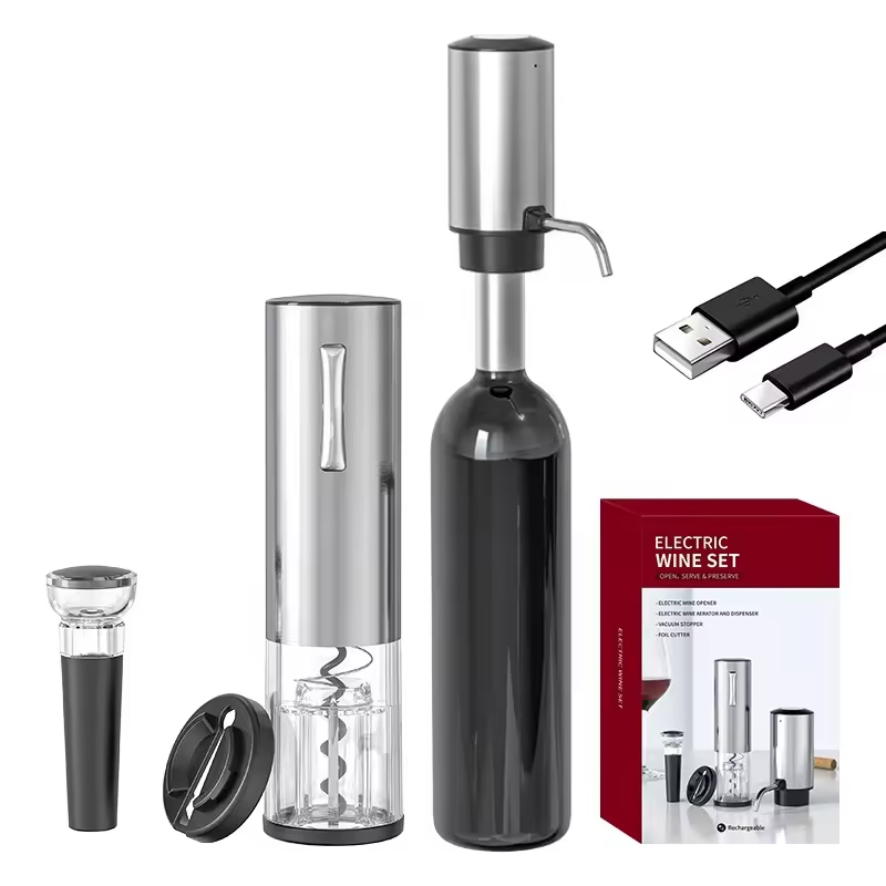 Wine Beer Opener - 2024 新デザイン 4-in-1 リチウム充電式電気ボトルワインオープナーセット、ワインエアレーター注ぎ口、ホイルカッター、ワインストッパー