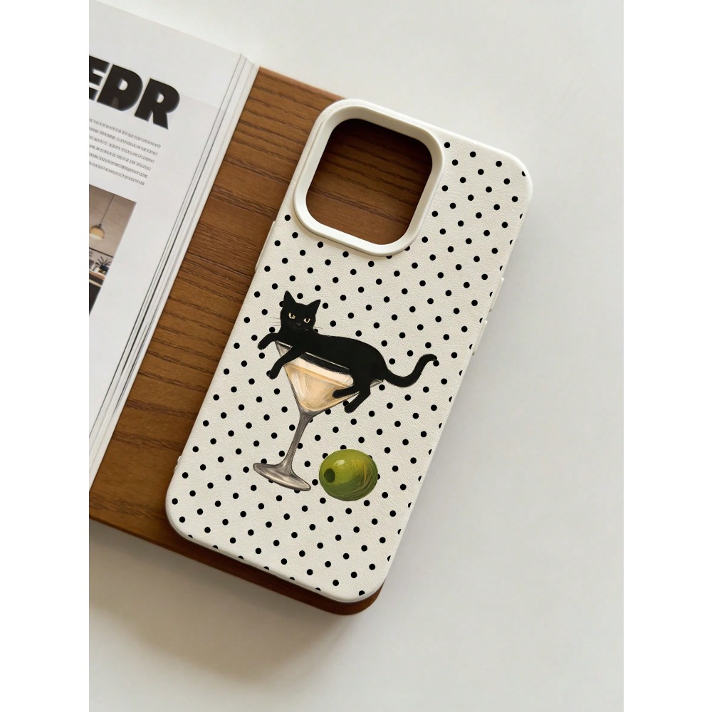 Wine & Beer Shop - ワイングラスに入った芸術的な猫のイラスト入りスマホケース、iPhone 17/16/16ProMax/15/14/13/12ProMax/11/11Pro対応、落下防止保護付き