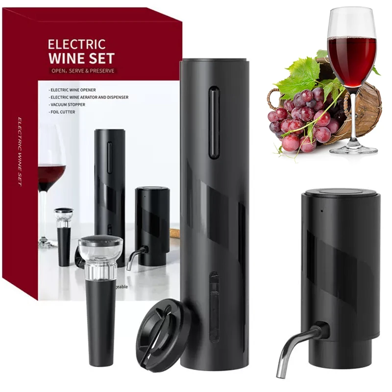 Decanter Aerator Set - USB充電式4-in-1電動ワインオープナーセット（デカンタ、エアレーター、ポアラー、ストッパー、フォイルカッター付き）- ワインツールキット一式