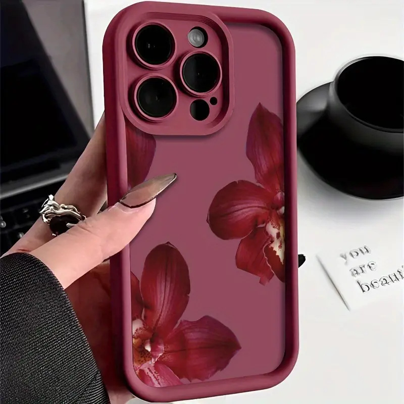 Wine & Beer Shop - ワインレッドの蘭の花柄のiPhoneケース iPhone 11 12 13 14